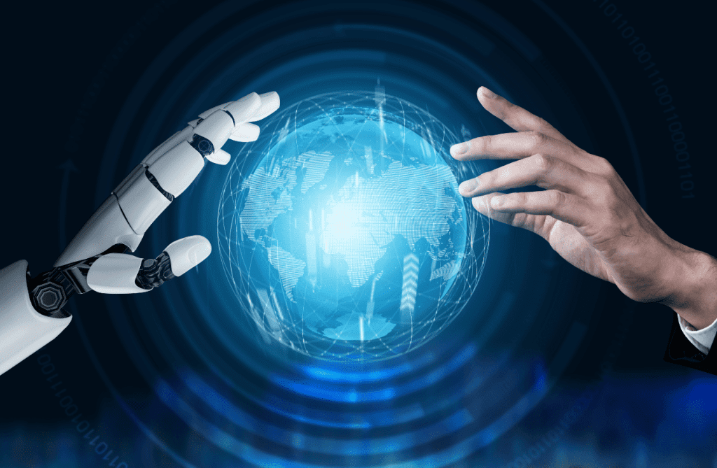 La mano de un robot y un humano tocando el mundo digital
